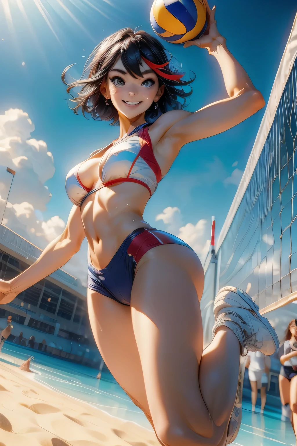 ((masterpiece, best quality, distinct image)), 1girl, solo, kill la kill, matoi ryuuko, giant breasts, bikini sexy, smiling, having fun, very sexy, cleavage, looking at viewer, short hair, volleyball, jumping, chest out, raise head, raise your feet, legs up, cinematic light on a miami beach, sunny day, playing volleyball, body shiny and sweating