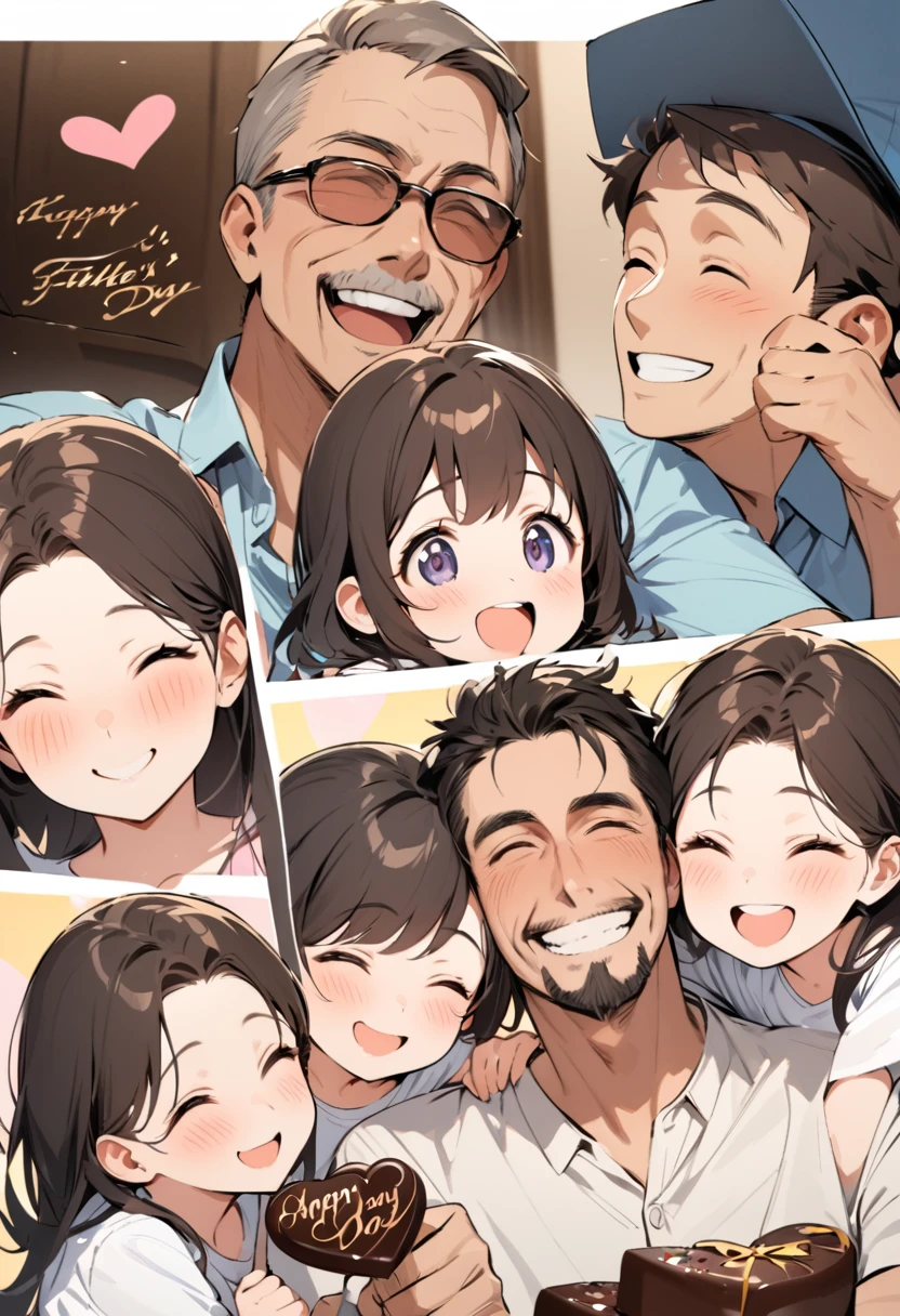 Father's Day, masterpiece, family collage, (1 father, 2 daughters), father's Day, happy, Smile, chocolate, candy, Heart
