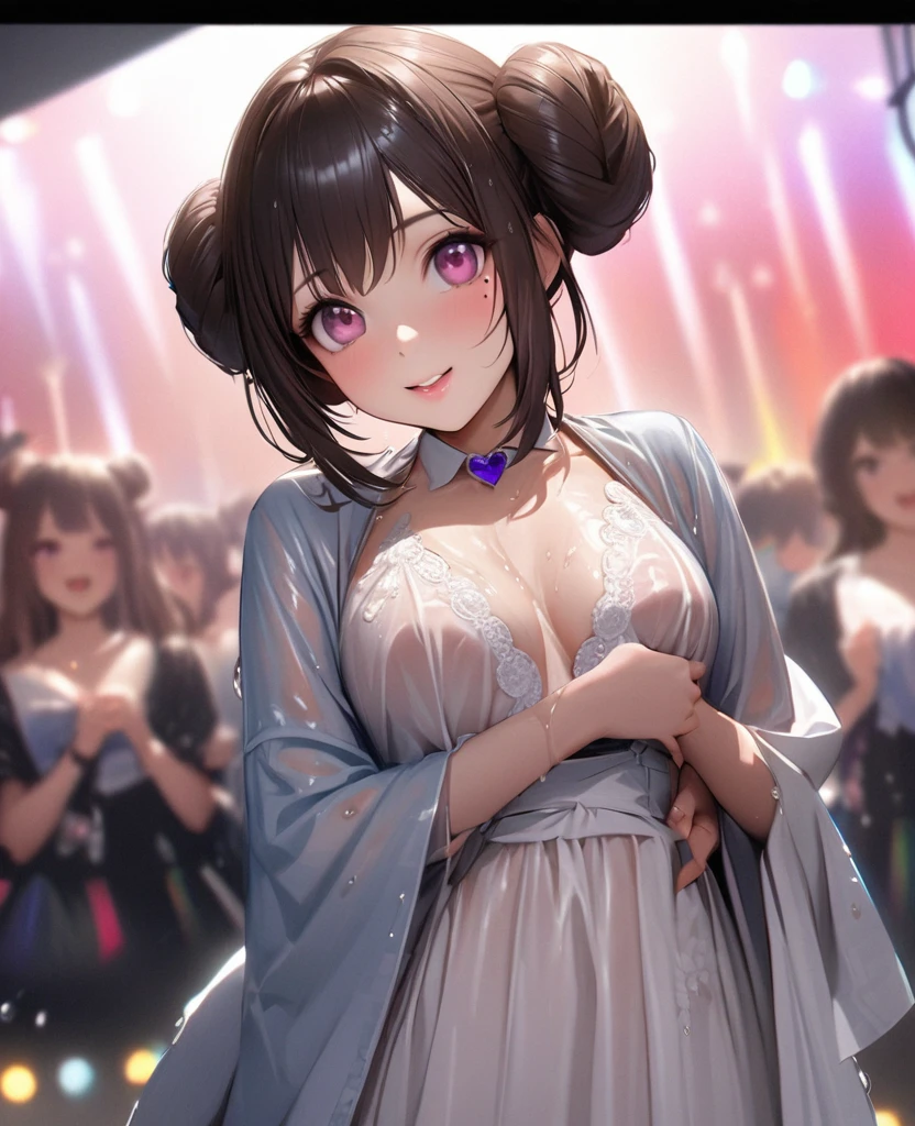 One Girl、Looking at the audience、lovely,
Beautiful pink eyes、Two brown double hair buns , Mole under the eye、Plump and glossy lips、Heart-shaped choca、Idol、Her name is May,smile、ー、。.。.。.。.。.。.。.。.。.。.。.。.。.。.。.。.。.。.3D、Realistic、
The idol's costume was soaked in the heavy rain, and her chest was wet and transparent.Heavy rain at outdoor concert, Drape clothes、gem、The decoration has been removed、Floral、Lace trim,On a glittering stage、
masterpiece、highest quality、8k、Detailed skin texture、Detailed cloth texture、Beautifully detailed face、Intricate details、Very detailed、
超A high resolution、8k Ultra HD、Film Grain、Best Shadow、delicate、Gazing at the audience、front