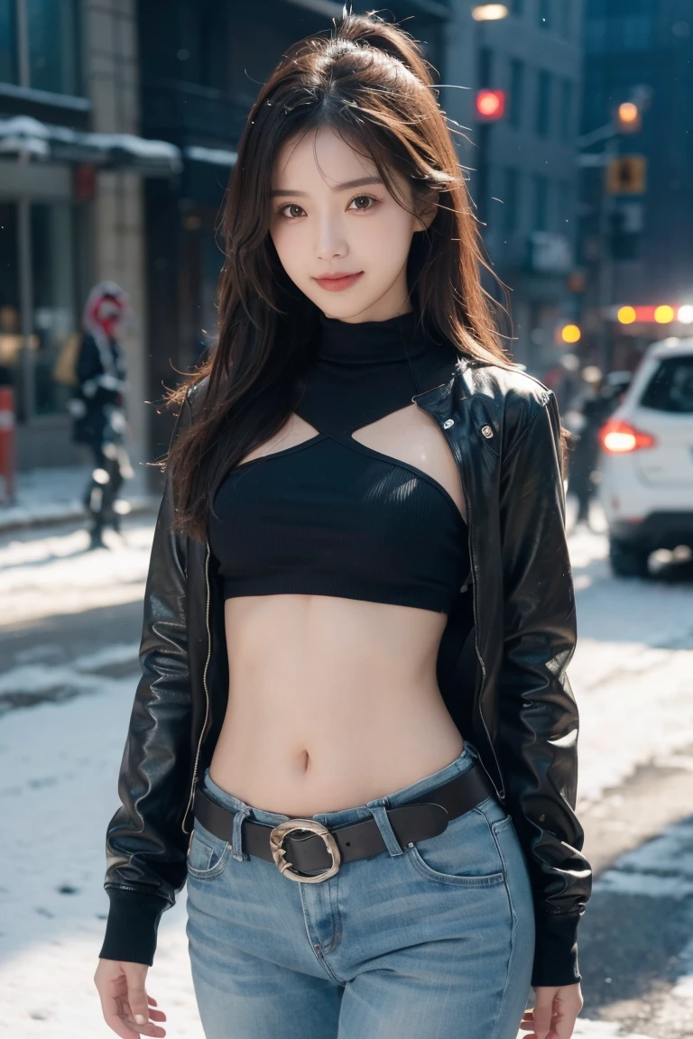 a girl,Long sleeve，Boss，Navel down jacket，(bare midriff, exposed navel), sexy abs, navel open，completely exposed abdomen, Low-rise pants，Exposing the entire abdomen，Expose the mermaid line，metal belt, winter，snow，street, cinematic lighting, ray tracing, Fujicolor, anaglyph, cowboy shot, high detail, Verism, UHD, masterpiece, anatomically correct, textured skin, super detail, high details, award winning, best quality, 4K，Looking at the camera，Smile