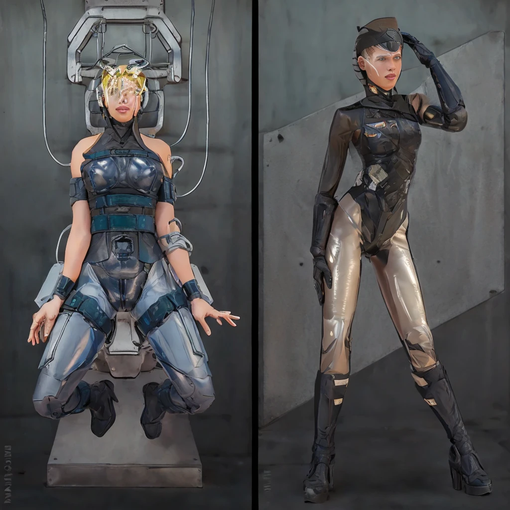 there are two pictures of a Аhsoka in a uniform and a Аhsoka in a suit, metal gear solid art style, metal gear solid style, metal gear solid inspired, inspired by Masamune Shirow, metal gear solid anime cyberpunk, video game fanart, from metal gear, metal gear style, commission for high res, cyberpunk Аhsoka , metal gear solid concept art