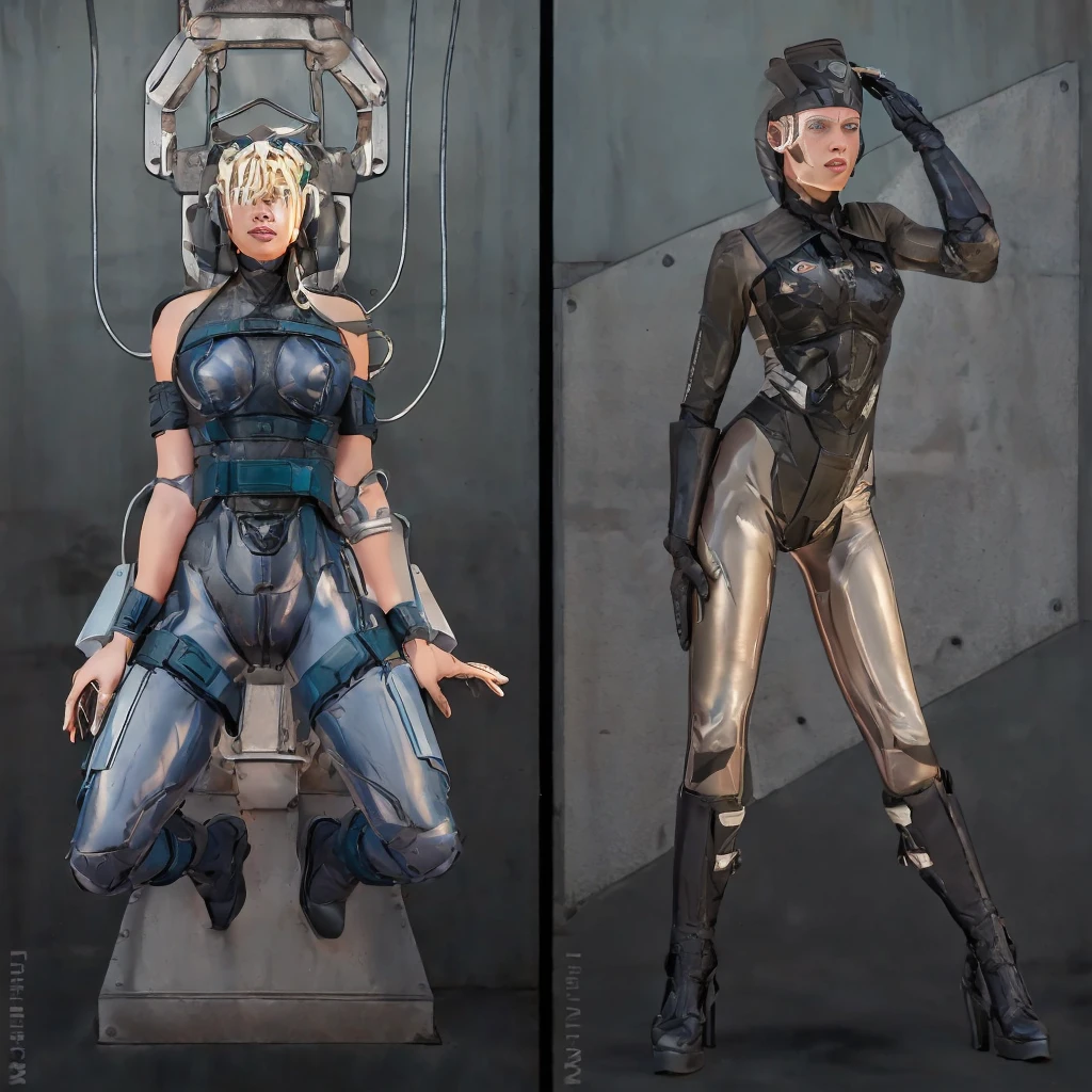 there are two pictures of a Аhsoka in a uniform and a Аhsoka in a suit, metal gear solid art style, metal gear solid style, metal gear solid inspired, inspired by Masamune Shirow, metal gear solid anime cyberpunk, video game fanart, from metal gear, metal gear style, commission for high res, cyberpunk Аhsoka , metal gear solid concept art