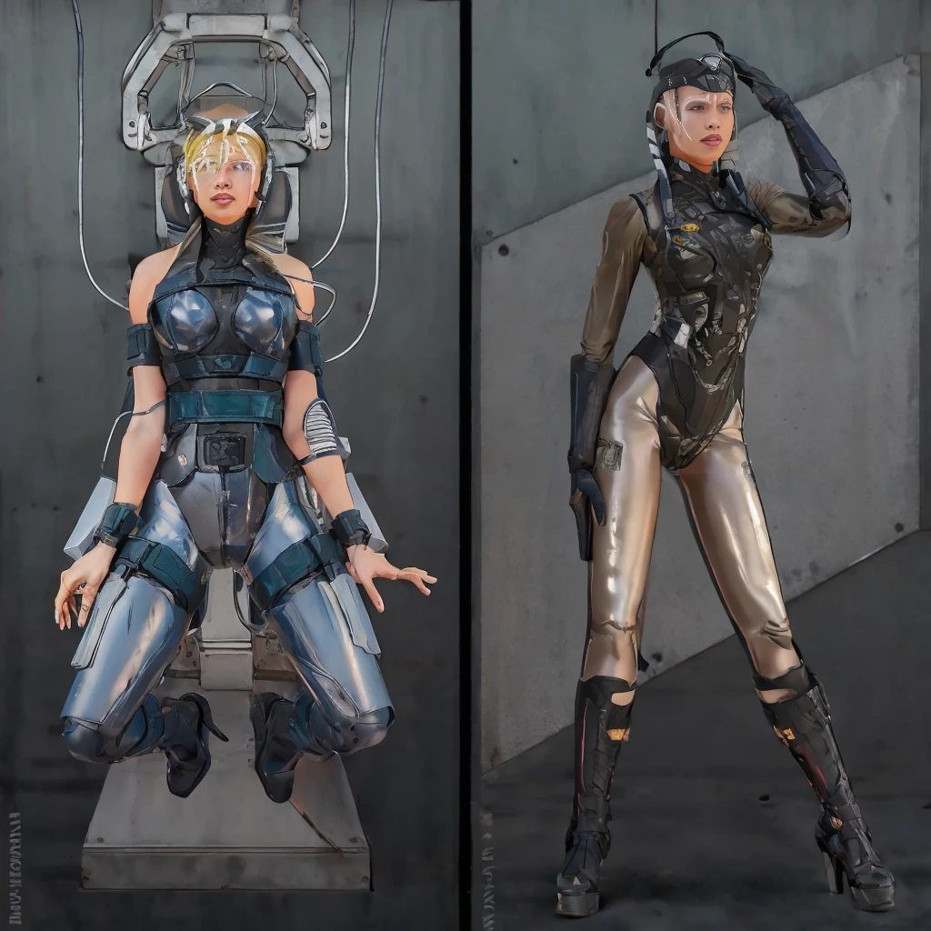 there are two pictures of a Аhsoka in a uniform and a Аhsoka in a suit, metal gear solid art style, metal gear solid style, metal gear solid inspired, inspired by Masamune Shirow, metal gear solid anime cyberpunk, video game fanart, from metal gear, metal gear style, commission for high res, cyberpunk Аhsoka , metal gear solid concept art