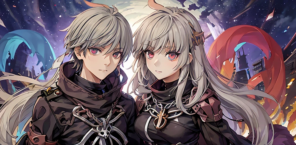 (Anime characters: 2 male, 1 female) Random hair color, different colors, Different random eye colors, watch. together with (anime moe artstyle), together with (1 man). He wears a black shirt (Guillotine Cross - Ragnarok Online black) and has a coolness and fear, (Skull pattern jewelry) that is one (black veil), ( silver chain:1.2), or (big rust colored metal armor:1.1) ,Beautiful backdrop