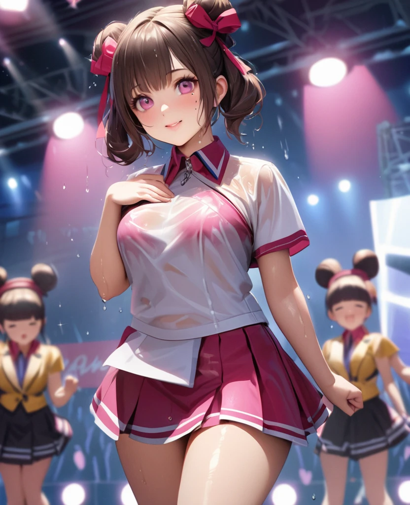 One Girl、Looking at the audience、lovely,
Beautiful pink eyes、Two brown double hair buns , Mole under the eye、Plump and glossy lips、Heart-shaped choca、Dance team uniformini skirt, Her name is May,smile、ー、。.。.。.。.。.。.。.。.。.。.。.。.。.。.。.。.。.。.3D、Realistic、
Dance team uniforms was soaked in the heavy rain, and her chest was wet and transparent.Heavy rain at outdoor concert, Drape clothes、gem、The decoration has been removed、Floral、Lace trim,On a glittering stage、
masterpiece、highest quality、8k、Detailed skin texture、Detailed cloth texture、Beautifully detailed face、Intricate details、Very detailed、
超A high resolution、8k Ultra HD、Film Grain、Best Shadow、delicate、Gazing at the audience、front