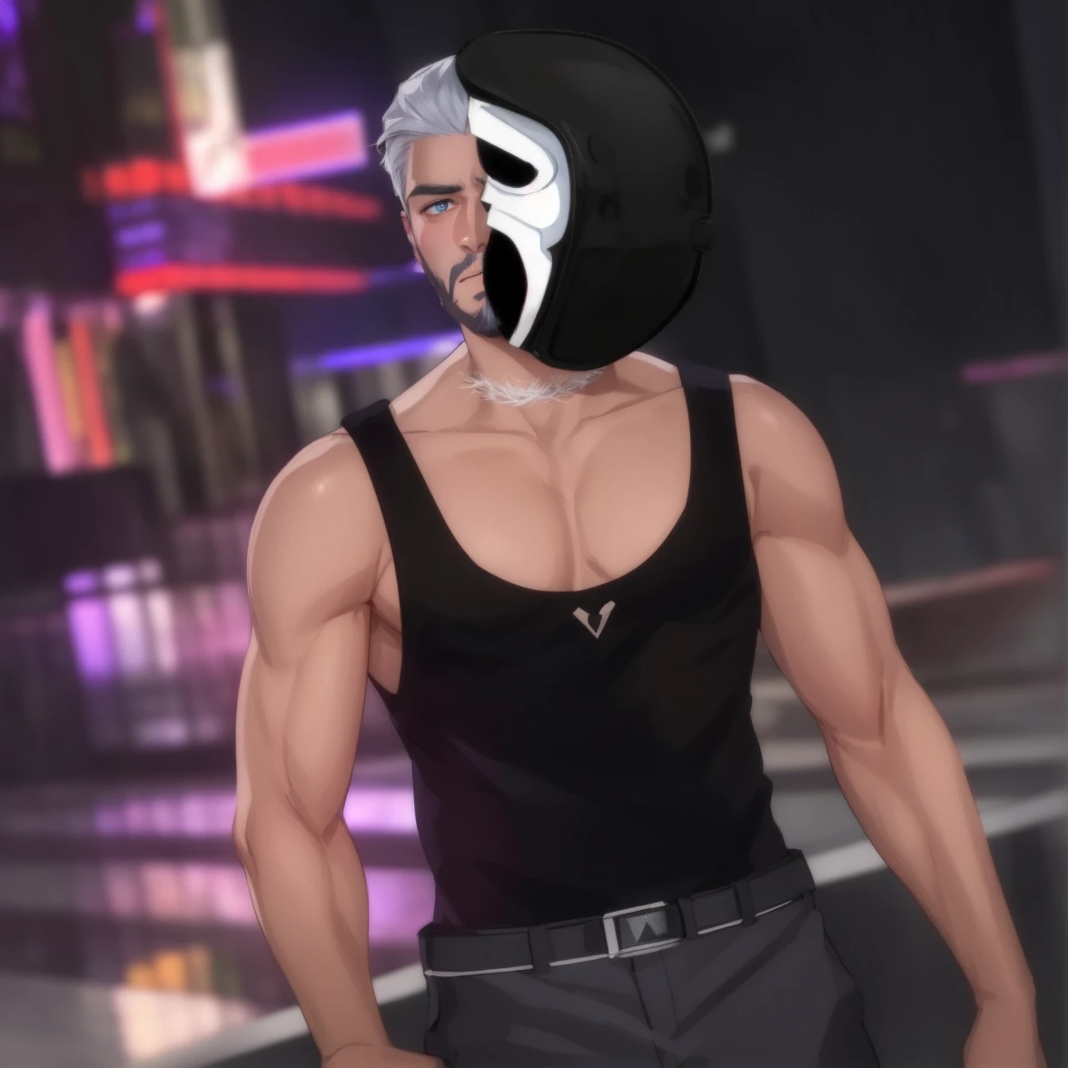 Make a man with white goat hair and beard, with blue eyes and an angry face, holding a panic mask (film) hiding part of his face
ultra detailed, beautiful, masterpiece, super fine photography, high quality, super high resolution, photorealistic, sunlight, delicate face, beautiful and highly detailed skin, realistic skin details, sharp focus,