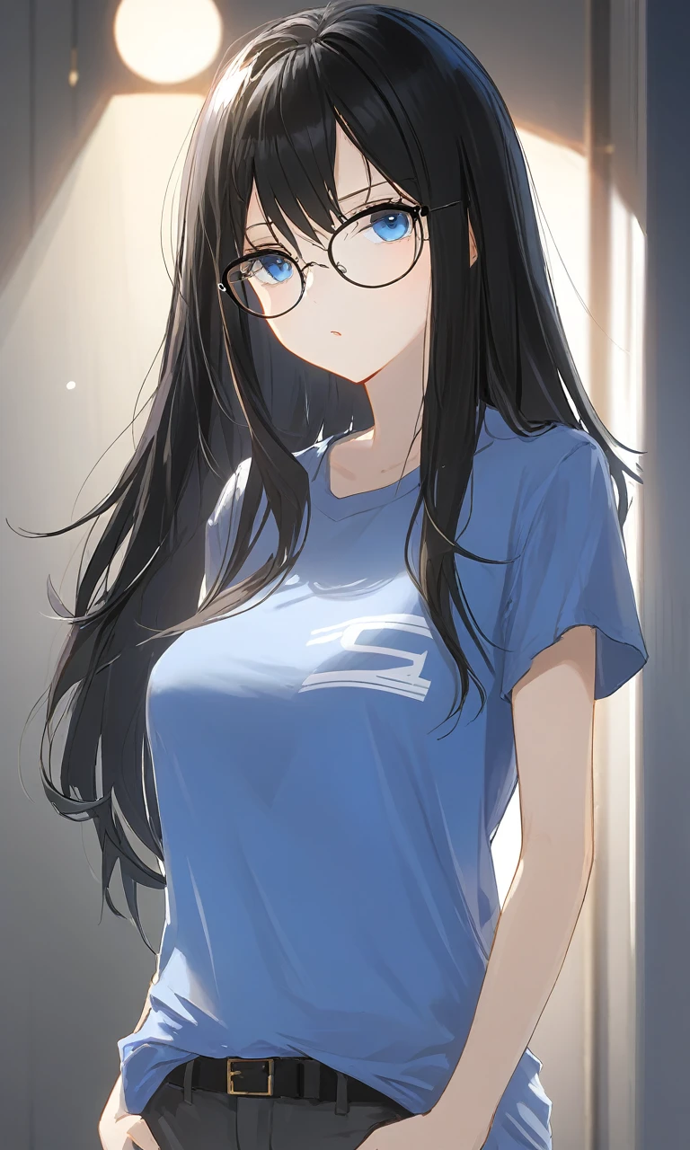 Black Hair、Long Hair、Straight bangs、Glasses、Sharp Eye、Eyelashes、Slanted Eyes、Big Breasts、blue eyes、Ｔshirt、pants、high resolution、Strong lighting