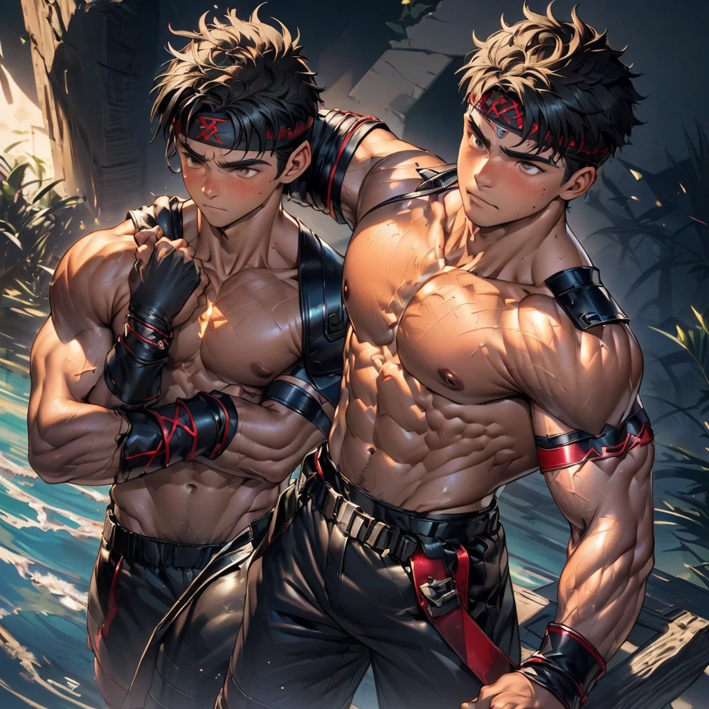 (Masterpiece, Best quality 19 year old boy, black background, cowboy shot), solo, Young, boy, muscler, Shirtless, topless, (Dark Short straight hair, under cut, brown eyes), (red headband, ((leather fingerless grobe, black wristband, shoulder armor))), Vivid colors, muscler!, muscler, muscler body, (aura power:1.4), detailed face, detailed muscle, (((A magical mystical aura, rippling muscles, fighting pose, struggle, combats, chilling atmosphere, subtle color tones)))
