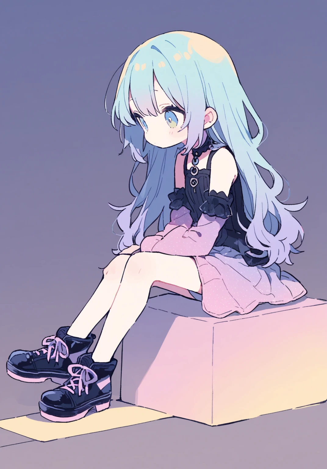 tegaki chibi Solo 1girl pastel colors gradient flat chest Gothic full body from side sitting