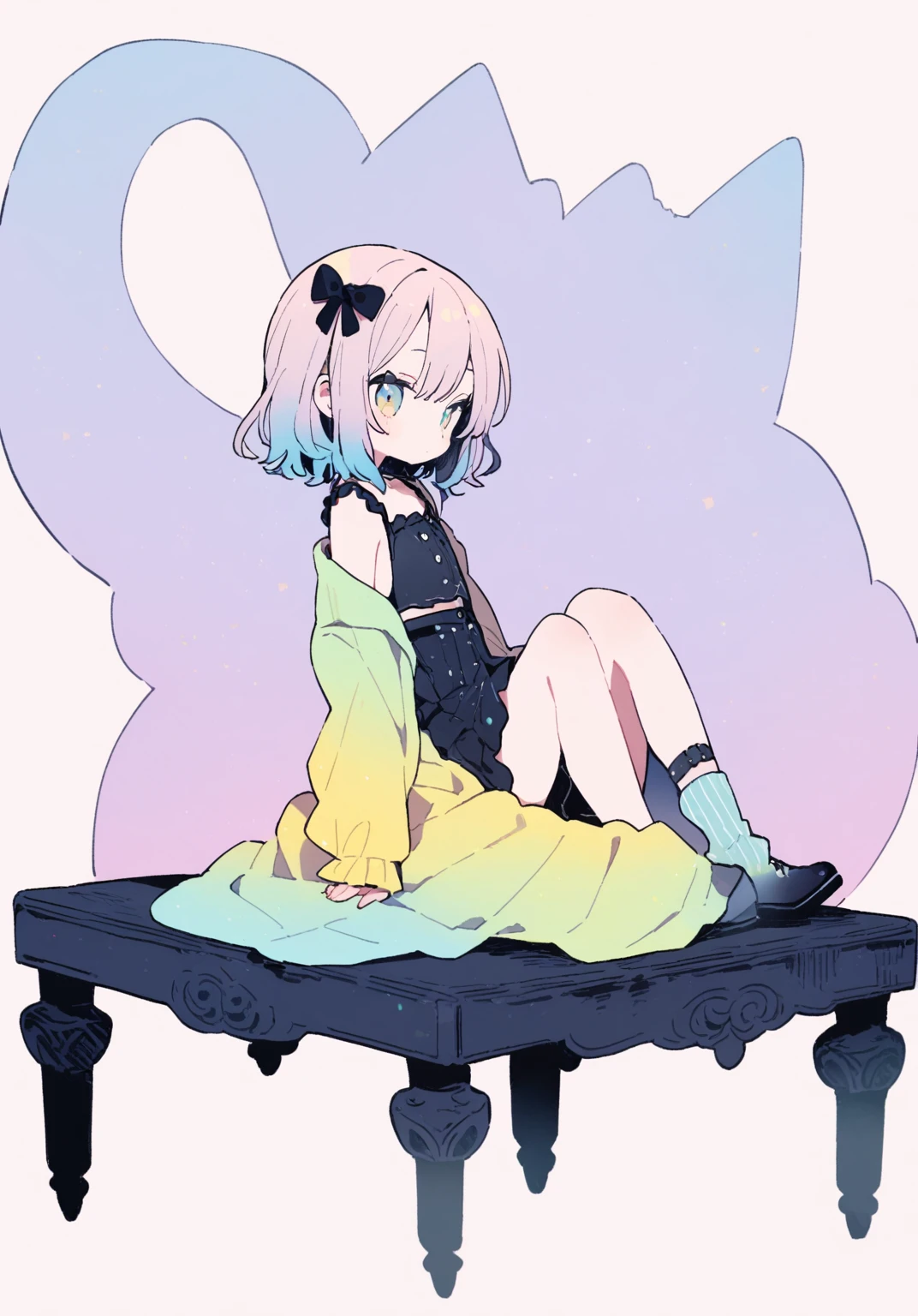 tegaki chibi Solo 1girl pastel colors gradient flat chest Gothic full body from side sitting