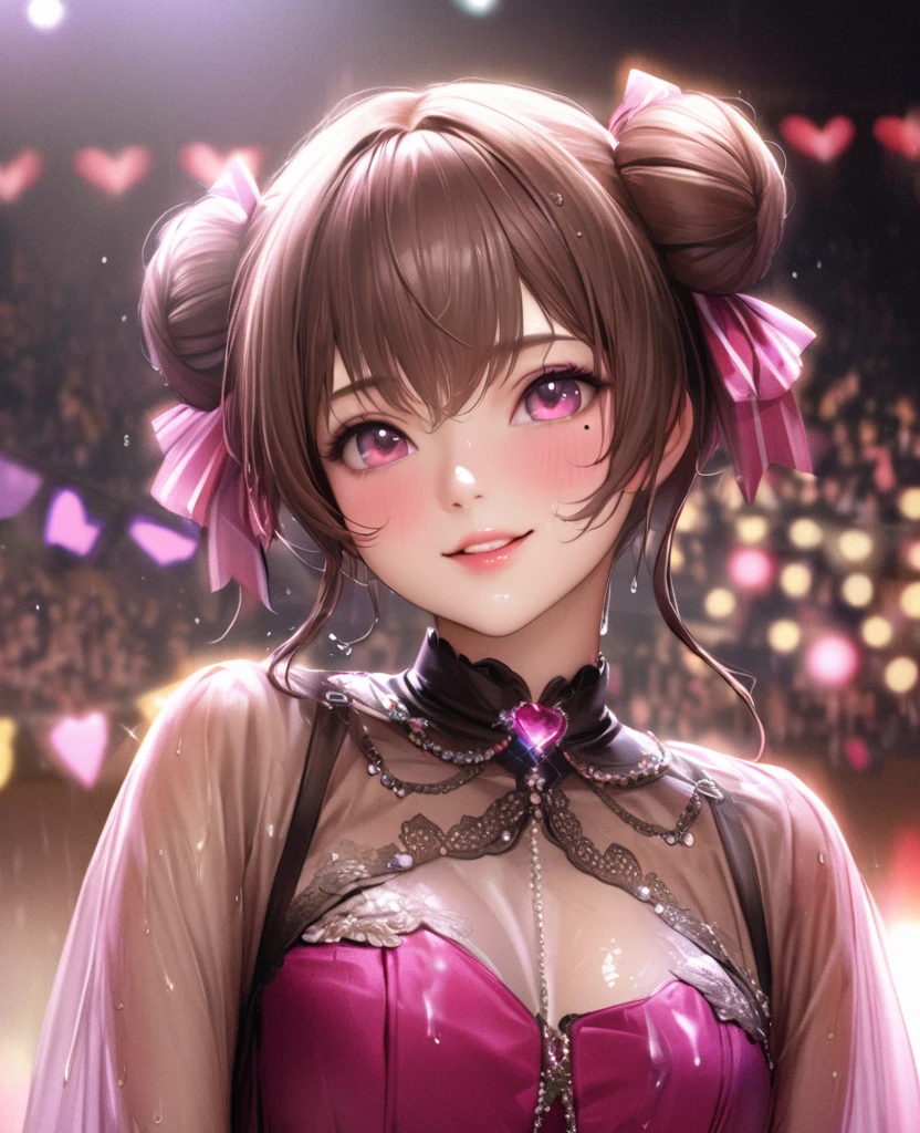 One Girl、Looking at the audience、lovely,
Beautiful pink eyes、Two brown double hair buns , Mole under the eye、Plump and glossy lips、Heart-shaped choca、Idol、Her name is May,smile、ー、。.。.。.。.。.。.。.。.。.。.。.。.。.。.。.。.。.。.3D、Realistic、
The idol's costume was soaked in the heavy rain, and her chest was wet and transparent.Heavy rain at outdoor concert, Drape clothes、gem、The decoration has been removed、Floral、Lace trim,On a glittering stage、
masterpiece、highest quality、8k、Detailed skin texture、Detailed cloth texture、Beautifully detailed face、Intricate details、Very detailed、
超A high resolution、8k Ultra HD、Film Grain、Best Shadow、delicate、Gazing at the audience、front