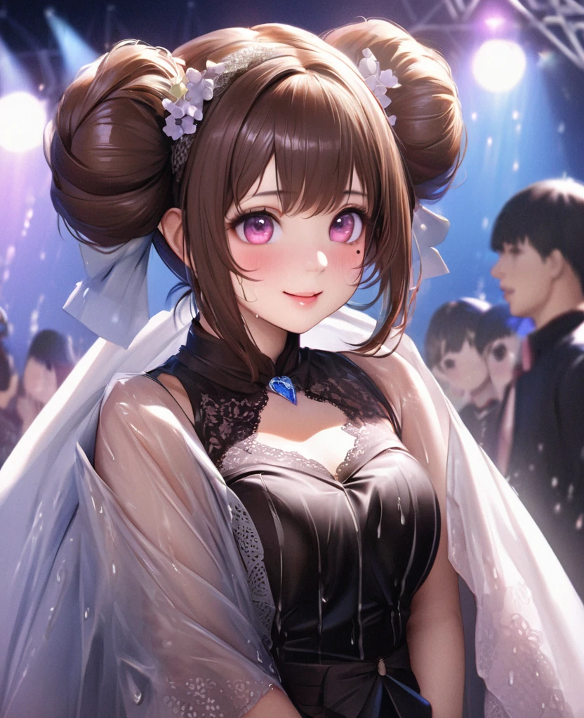One Girl、Looking at the audience、lovely,
Beautiful pink eyes、Two brown double hair buns , Mole under the eye、Plump and glossy lips、Heart-shaped choca、Idol、Her name is May,smile、ー、。.。.。.。.。.。.。.。.。.。.。.。.。.。.。.。.。.。.3D、Realistic、
The idol's costume was soaked in the heavy rain, and her chest was wet and transparent.Heavy rain at outdoor concert, Drape clothes、gem、The decoration has been removed、Floral、Lace trim,On a glittering stage、
masterpiece、highest quality、8k、Detailed skin texture、Detailed cloth texture、Beautifully detailed face、Intricate details、Very detailed、
超A high resolution、8k Ultra HD、Film Grain、Best Shadow、delicate、Gazing at the audience、front