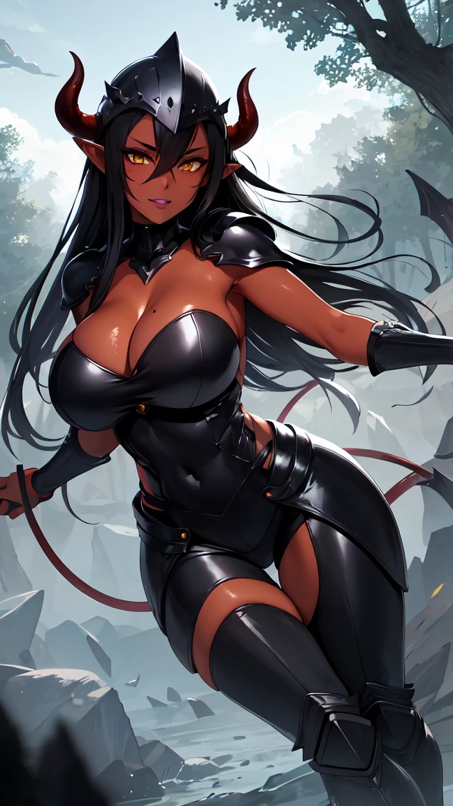 (((((Solo))))), Demon girl with long black hair, mature female, (wearing armor and helmet), big breast, (beautiful face), (Beautiful eyes), (detailed eyes), (black lips), (long jet black hair), ((Red skin)), demon horns, (Imp tail), yellow eyes, longeyelashes, pointy ears, anime screencap, fullbody shot, en un bosque profundo, (Masterpiece, Best Quality, Ultra High Resolution)