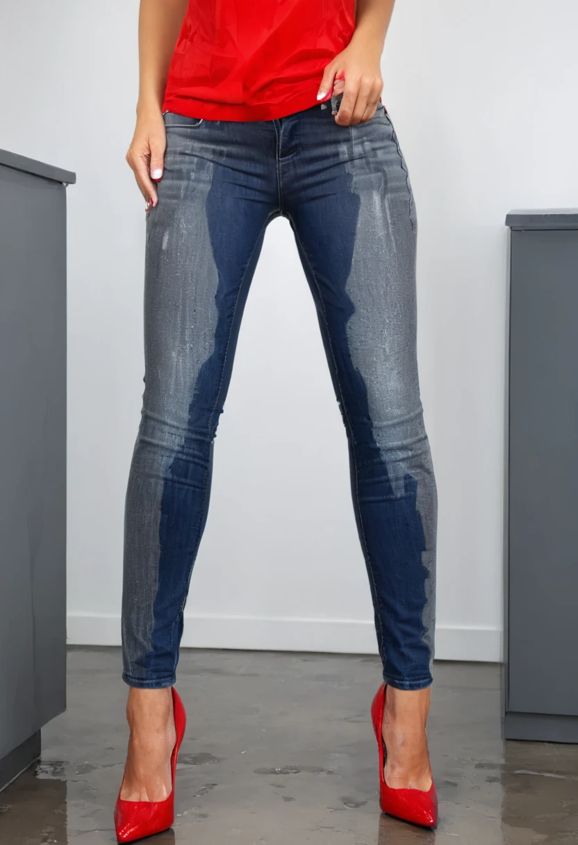 woman with long dark brown hair, blue eyes, low cut red blouse, dark blue jeans, ((gray high heel pumps)), standing in office, wetting, big smile, pee stains are gleaming wet,