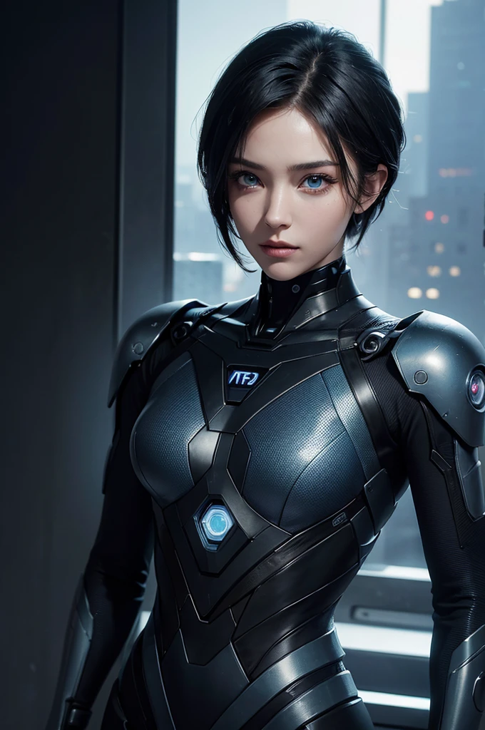 How to make a handsome man in his 20s The world in 2100、Cyberpunk room background、Dressed in a cyberpunk robot suit、Blue Eyes,Black short hair、Shave cleanly,Attractive and serious look, Stylish and elegant,Strong body((Highest quality, 8k, masterpiece), Ultra HD Photos, (Beautiful face details, Skin texture details, Ultra-detailed body:1.1)、Looking at us from the front