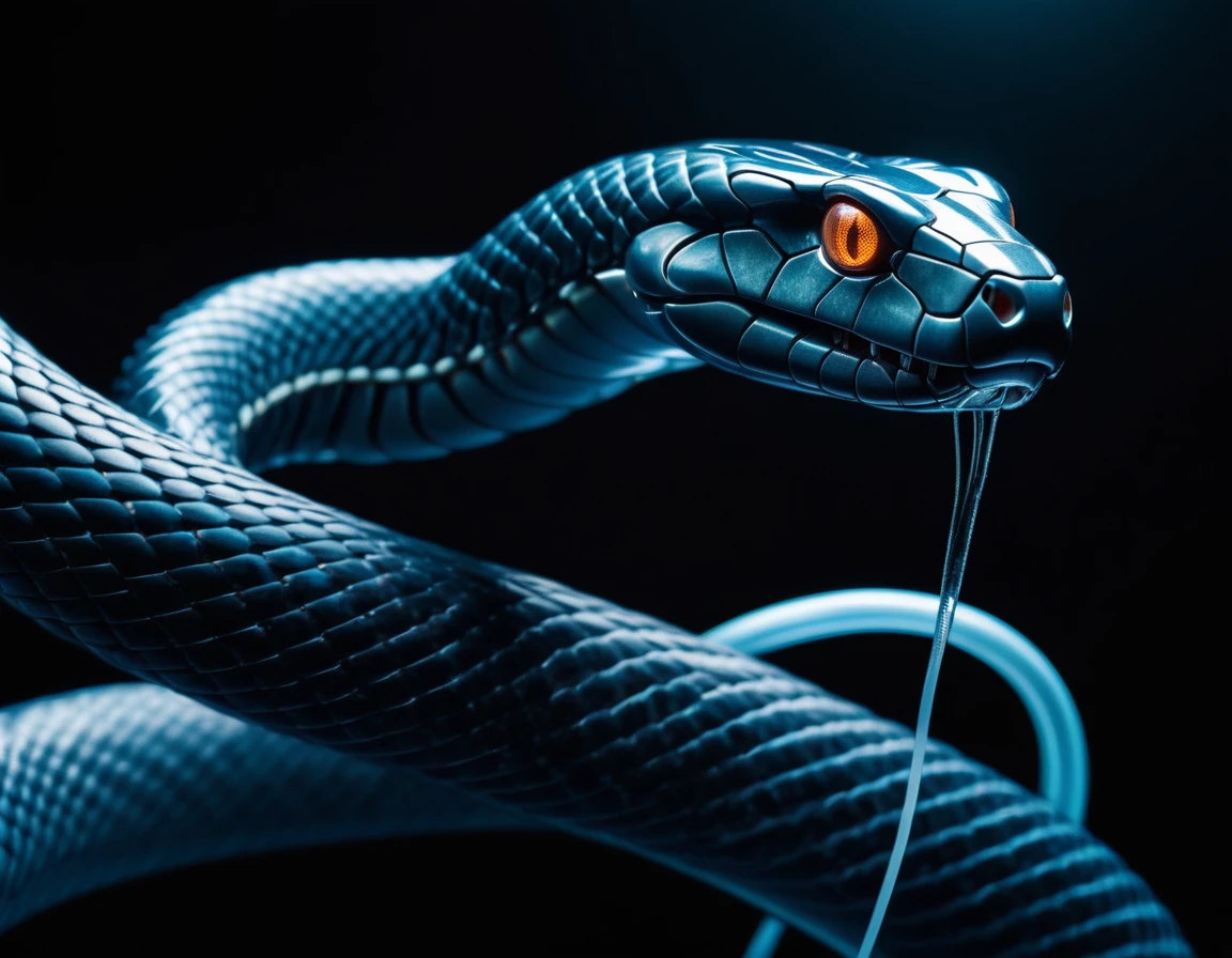 Translucent movie stills (Cybernetic robotic snake cobra:1.5), (Glowing Veins:1.3) (The cable enters the body, circuit:1.3), Very detailed, Vignette, Very detailed, High budget, Bokeh, Sulky, amazing, nice, Film Grain, granular