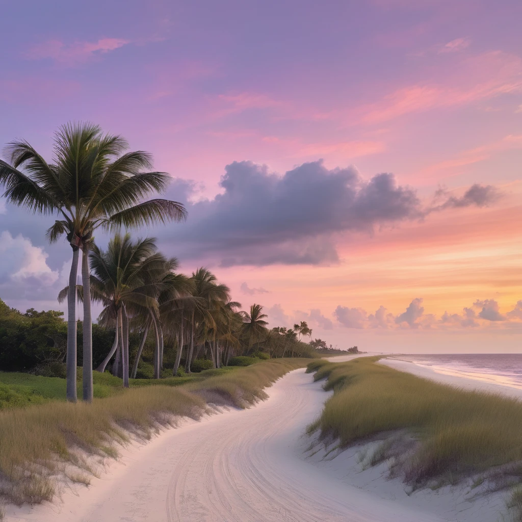 a serene coastal scene at sunset. Picture a bike path curving gently towards the beach, lined sand tall, slender palm trees swaying gently in the breeze. The sky is painted in soft hues of pink, purple, and orange, reflecting the calmness of the approaching evening. A few wispy clouds add texture to the sky, while the ocean in the background captures the last glimmers of sunlight. The overall mood should evoke a sense of tranquility and the beauty of a tropical sunset.