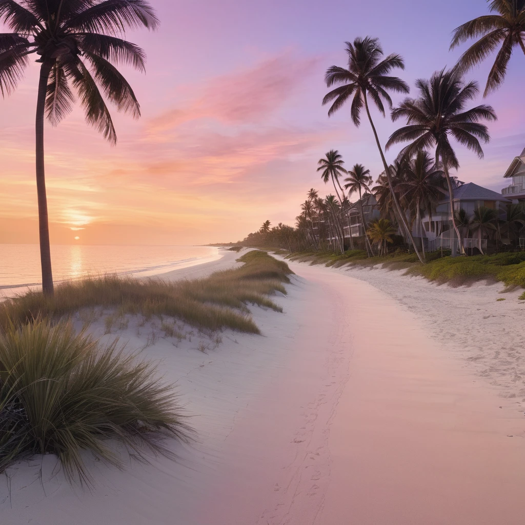a serene coastal scene at sunset. Picture a bike path curving gently towards the beach, lined sand  tall, slender palm trees swaying gently in the breeze. The sky is painted in soft hues of pink, purple, and orange, reflecting the calmness of the approaching evening. A few wispy clouds add texture to the sky, while the ocean in the background captures the last glimmers of sunlight. The overall mood should evoke a sense of tranquility and the beauty of a tropical sunset.