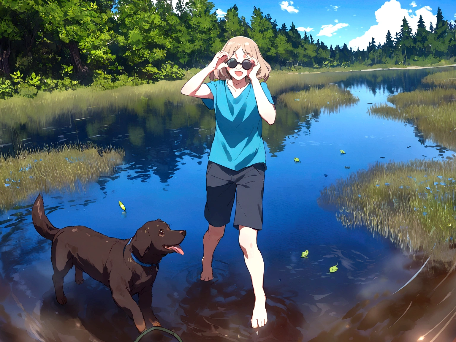 Um homem usando short e camiseta azul, dentro de um lago com seu cachorro labrador de pelo marrom. The two are playing. The day is sunny.