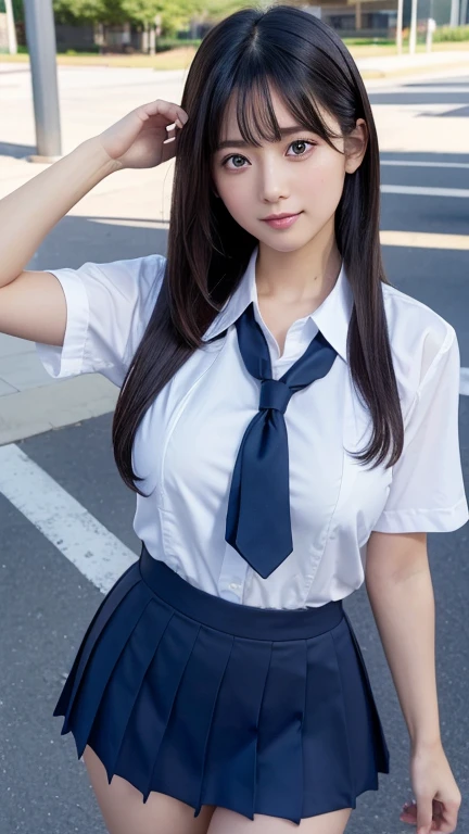 Best Quality,masterpiece, ultra high resolution,high definition raw color photo, professional photography, Natural Skin Textures ,Fine skin,hyperrealism, Japanese Women,((smile,((Schoolgirl uniform,WHITE shirt,windy up skirt), Navy pleated skirt,Short tie)),spread legs,walking),gigantic breast, shopping mall