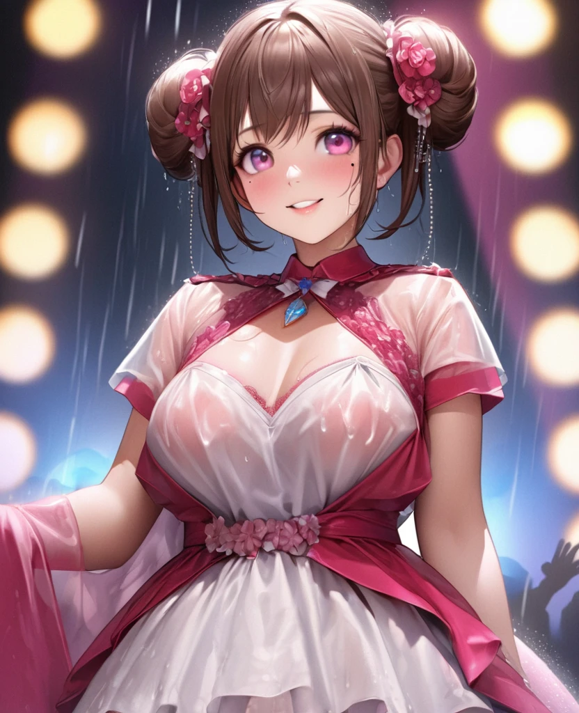 One Girl、Looking at the audience、lovely,
Beautiful pink eyes、Two brown double hair buns , Mole under the eye、Plump and glossy lips、Heart-shaped choca、Idol、Her name is May,smile、ー、。.。.。.。.。.。.。.。.。.。.。.。.。.。.。.。.。.。.3D、Realistic、
The idol's costume was soaked in the heavy rain, and her chest was wet and transparent.Heavy rain at outdoor concert, Drape clothes、gem、The decoration has been removed、Floral、Lace trim,On a glittering stage、
masterpiece、highest quality、8k、Detailed skin texture、Detailed cloth texture、Beautifully detailed face、Intricate details、Very detailed、
超A high resolution、8k Ultra HD、Film Grain、Best Shadow、delicate、Gazing at the audience、front