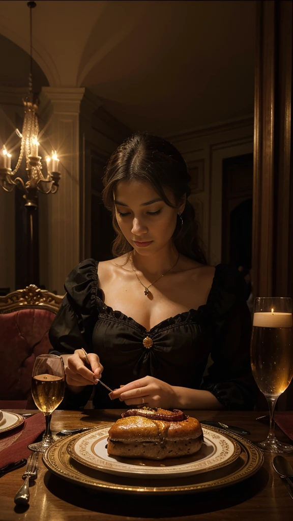 Create a photorealistic, 32K resolution image of a 17th-century French dinner beginning at midnight. Capture high quality, realism, and intricate details of the elegantly dressed diners, the opulent table setting with elaborate dishes, and the dimly lit, luxurious dining room, reflecting the grandeur and social customs of the period
