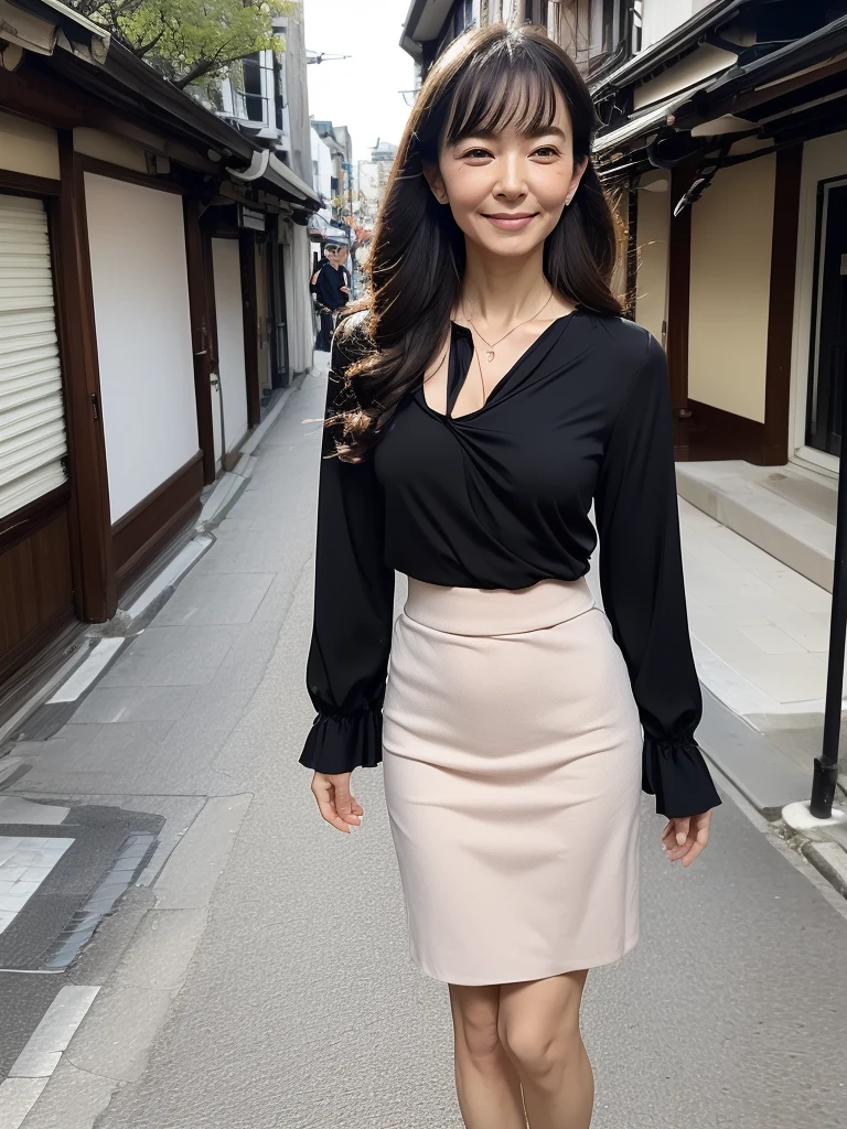 ((Highest quality)), ((8K)), ((masterpiece:1.3)), (Perfect look), (Photorealism:1.6), (One Japanese Mature), (A woman walking through an old street lined with Japanese houses), (Tenement houses on both sides of the road), Blurred Background, (JMA, PT), ((画面中央にOne Japanese Mature)), ((Realistic skin texture)), (Fine wrinkles all over the skin:1.3), (Dull skin:1.1), (Unmoisturized skin:1.2), (Facial wrinkles:0.9), (Wrinkles around the eyes:1.2), double eyelid, Tear bags on the lower eyelids, (Crying Mole:0.9), The eyes are watching me, Serious look, (Dimples on cheeks:1.2), (Short bangs:1.2), Long hair with curled ends, (Hair over the ears), Smiling with the corners of his mouth turned up, (Red blouse), (Black long skirt), Soft fabric blouse, (Wide-necked blouse: 1.4), Wide sleeves, Cuffs that fit snugly around the wrist, Long Skirt, Small breasts, (Salmon pink lips), (Red high heels：1.2), (Standing posture, Full body portrait：1.4), (Angle from the feet：1.4),