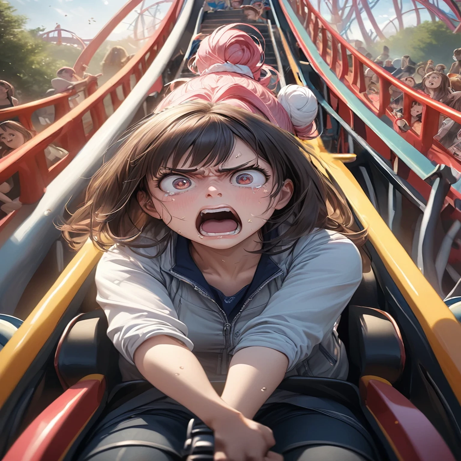 masterpiece, Highest quality, High resolution,{Detailed and beautiful eyes}, finely, Detailed and beautiful eyes,1 Girl, (alone:1.5), (Hair Ribbon:0.4), Pink Eyes,Cinematic Angles,perspective,(((White bun hair))),(((Long pink hair))),(((Face of fear))),(((Mouth wide open))),