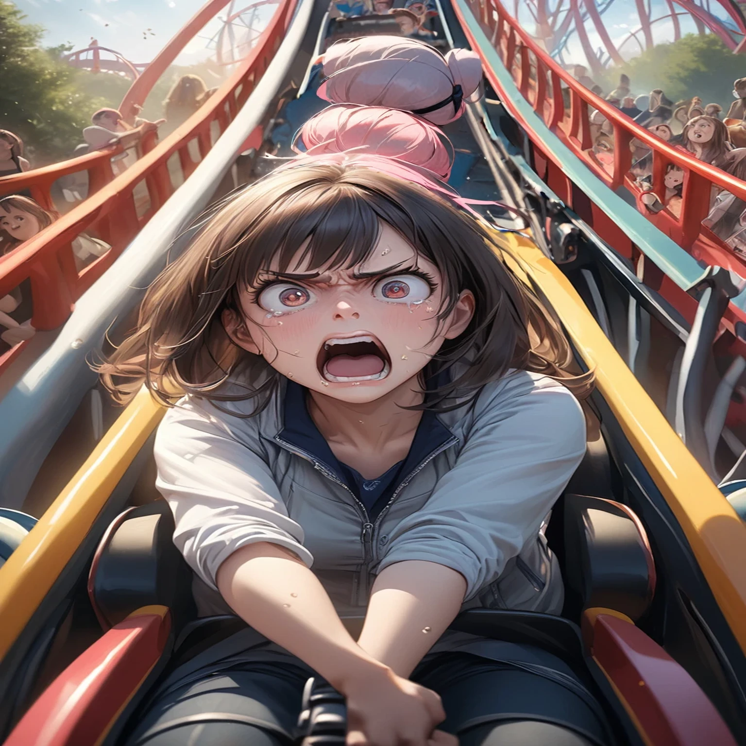 masterpiece, Highest quality, High resolution,{Detailed and beautiful eyes}, finely, Detailed and beautiful eyes,1 Girl, (alone:1.5), (Hair Ribbon:0.4), Pink Eyes,Cinematic Angles,perspective,(((White bun hair))),(((Long pink hair))),(((Face of fear))),(((Mouth wide open))),