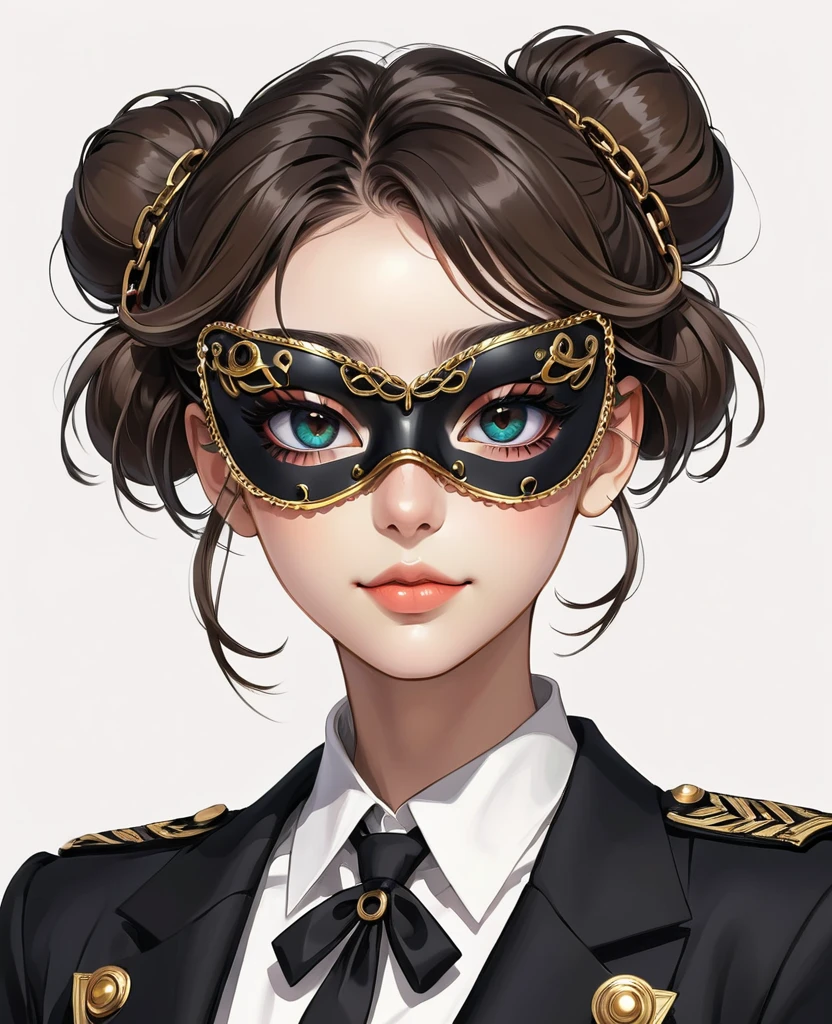 (Digital Illustration,Detailed anime style portrait of a girl wearing eye mask,Solitary,symmetry),(Big colorful eyes,Fashionable and exquisite facial features,Exquisite makeup,Sweet smile,Soulful gaze,),(Fluffy bun,Hairpin),(Black suit,Epaulettes-Chain,cool,),Clean and simple white background,(((Correct human anatomy)))