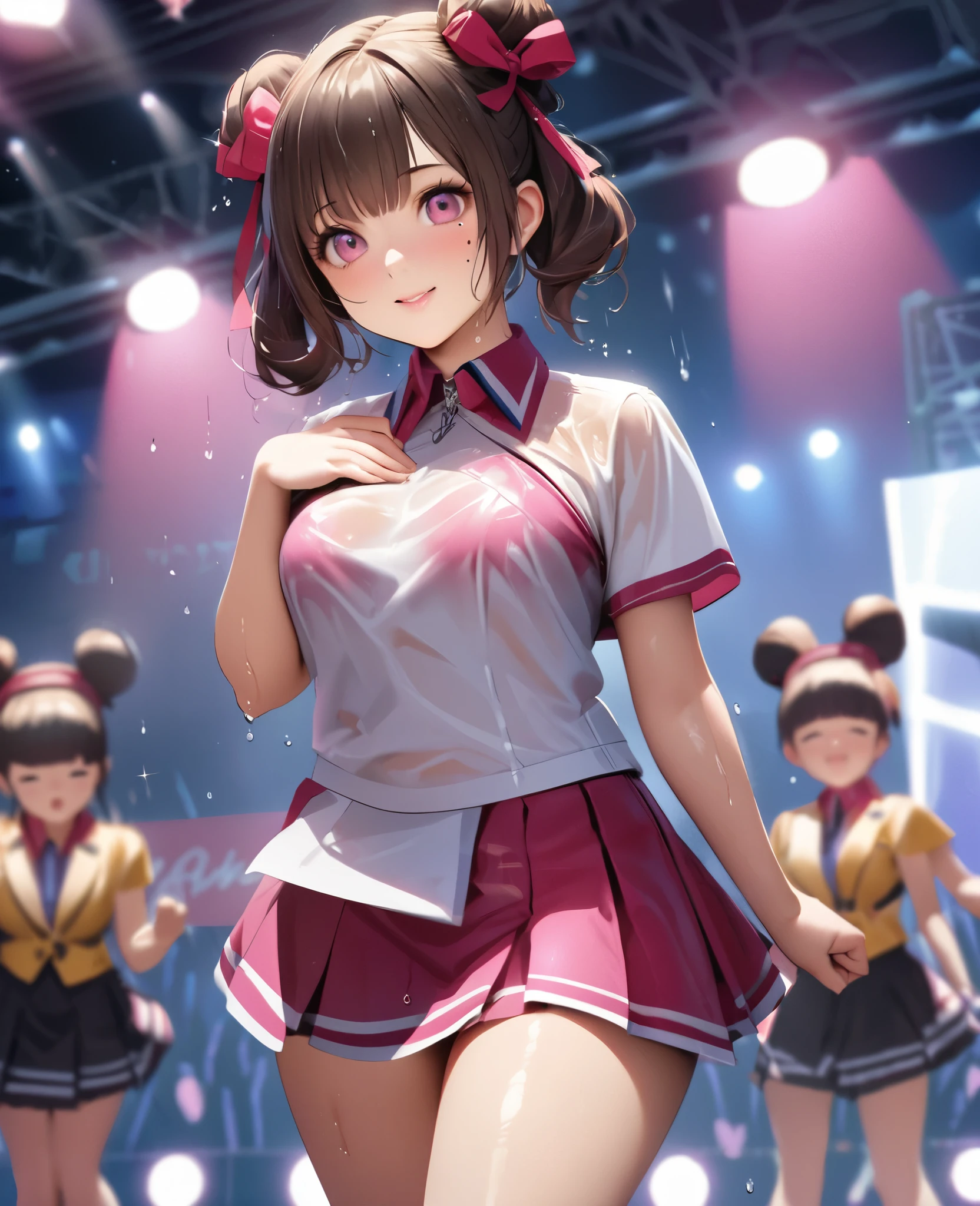 One Girl、Looking at the audience、lovely,
Beautiful pink eyes、Two brown double hair buns , Mole under the eye、Plump and glossy lips、Heart-shaped choca、Dance team uniformini skirt, Her name is May,smile、ー、。.。.。.。.。.。.。.。.。.。.。.。.。.。.。.。.。.。.3D、Realistic、
Dance team uniforms was soaked in the heavy rain, and her chest was wet and transparent.Heavy rain at outdoor concert, Drape clothes、gem、The decoration has been removed、Floral、Lace trim,On a glittering stage、
masterpiece、highest quality、8k、Detailed skin texture、Detailed cloth texture、Beautifully detailed face、Intricate details、Very detailed、
超A high resolution、8k Ultra HD、Film Grain、Best Shadow、delicate、Gazing at the audience、front