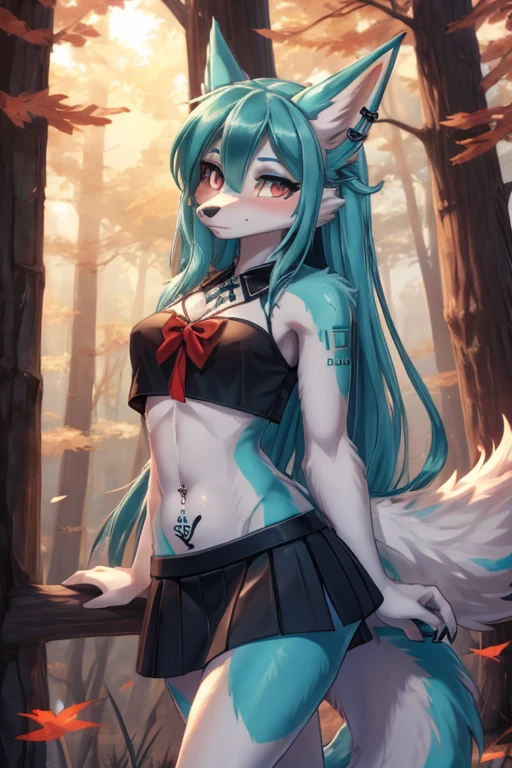 Chica anime, anime style, cute hatsune miku x suicune, shy girl , Orejas de Kitsune, arte de dark natasha, autum forest landscape, arte de vixen aztra, cuerpo completo, patas hermosas, cintura delgada, caderas amplias, piernas torneadas, hermosa, foto de cuerpo completo, sensual navel blouse, black mini skirt, navel piercing, ear piercing, navel tattoo, shy pose, beatifull and detailed hands, cheerleader, hair red, sexy, senos grandes