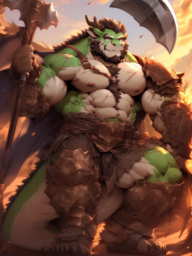 a furry eastern dragon, long whisker, green fur, bare chest, big chest, big build, warrior waist armor, sandal, ((eastern dragon), ((green dragon)), ((waist armor)), furry art, full body, mature, tall, daddy, muscular, rounded face, ((no coat)), ((berserker)), scar body, (scar), bare body, many scars on body, scar face, long beard, very muscular, beefy body, (((bare chest))), (((large pecs))), (((hold a great axe))), action pose