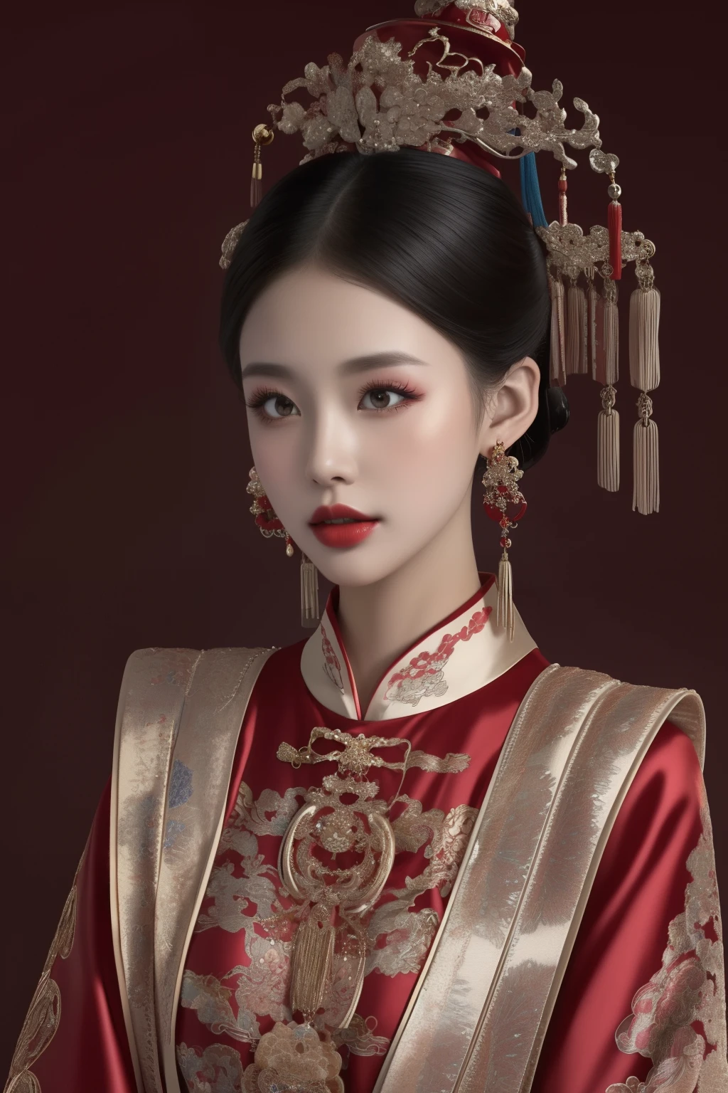 1 girl, Woman in red and gold Chinese dress，Phoenix Coronet，Chinese wedding，（masterpiece，Top quantity，Best quality，Official Art，Beauty and aesthetics：1.2），，Very detailed，，Most detailed，（ tangled:1.2), Glowing skin, Ultra-detailed skin texture，(multiple colour:1.4), ,(earrings), (feature:1.5), Complex pattern background in the same color，8K