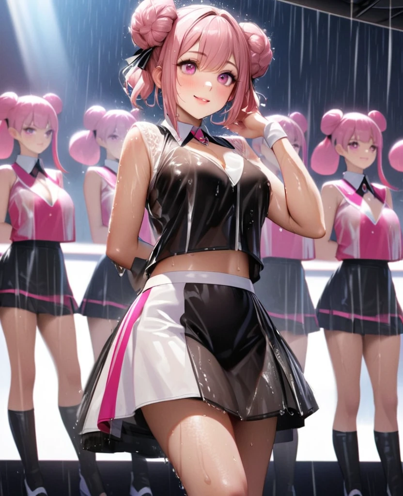 One Girl、Looking at the audience、lovely, Beautiful pink eyes、Two brown double hair buns , Mole under the eye、Plump and glossy lips、Heart-shaped choca、Dance team uniforms、Her name is May, smile、ー、。.。.。.。.。.。.。.。.。.。.。.。.。.。.。.。.。.。.3D、Realistic、 Dance team uniforms was soaked in the heavy rain, and her chest was wet and transparent.Heavy rain at outdoor concert, Drape clothes、gem、The decoration has been removed、Floral、Lace trim,On a glittering stage、 masterpiece、highest quality、8k、Detailed skin texture、Detailed cloth texture、Beautifully detailed face、Intricate details、Very detailed、 超A high resolution、8k Ultra HD、Film Grain、Best Shadow、delicate、Gazing at the audience、front