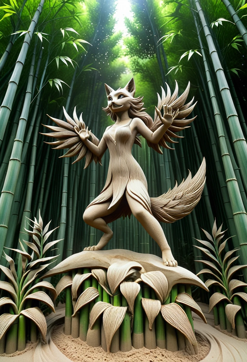 Sand sculpture style,  The nine-tailed fox demon leaps lightly in the deep bamboo forest，Nine tails as bright as flames swayed with her movements.，Every step seems to be stepping on the ripples of air，So light that you can touch the stars，Her figure looms among the green bamboo leaves，Beyond the treetops，Like an elf in the forest，Strong sense of déjà vu 。