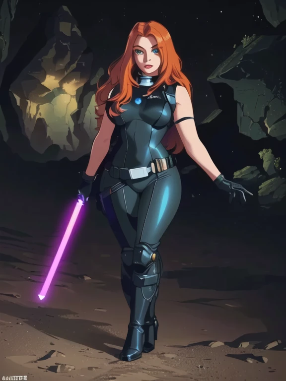 (4K quality),masterpiece, best quality, (Detailed face:1.2), (Detailed eyes:1.2), (Hourglass figure:1.2), CARTOON, ANIME, CARTOON ARTSTYLE, vintage science fiction, Star Wars based environment, extremely detailed face, long eyelashes, a upper body shot of a woman (Mara Jade), long orange hair, bright green eyes, light-skinned with freckles, red lipstick, attractive body, a determined look, smirking and stoic gaze.  ((Wearing: a black leather suit, the suit is shiny and glossy, the suit is so tight that it perfectly highlights the shape of Mara Jades figure. black gloves, gun holster, leather straps, utility belt and high-heel boots)) Her gaze is both alluring and fierce, as she holds the purple lightsaber with a delicate yet deadly grip. Upper body shot. Background: Outer Space, cosmic clouds, Chain of fractal nebulae, cosmic, Celestial, cosmic, A vibrant and vivid entity, whirly, Spinning, unreal, High contrast, Symbolism, magical, mystic, mystic, Hyper-realistic, Supersaturation, Colorful.
