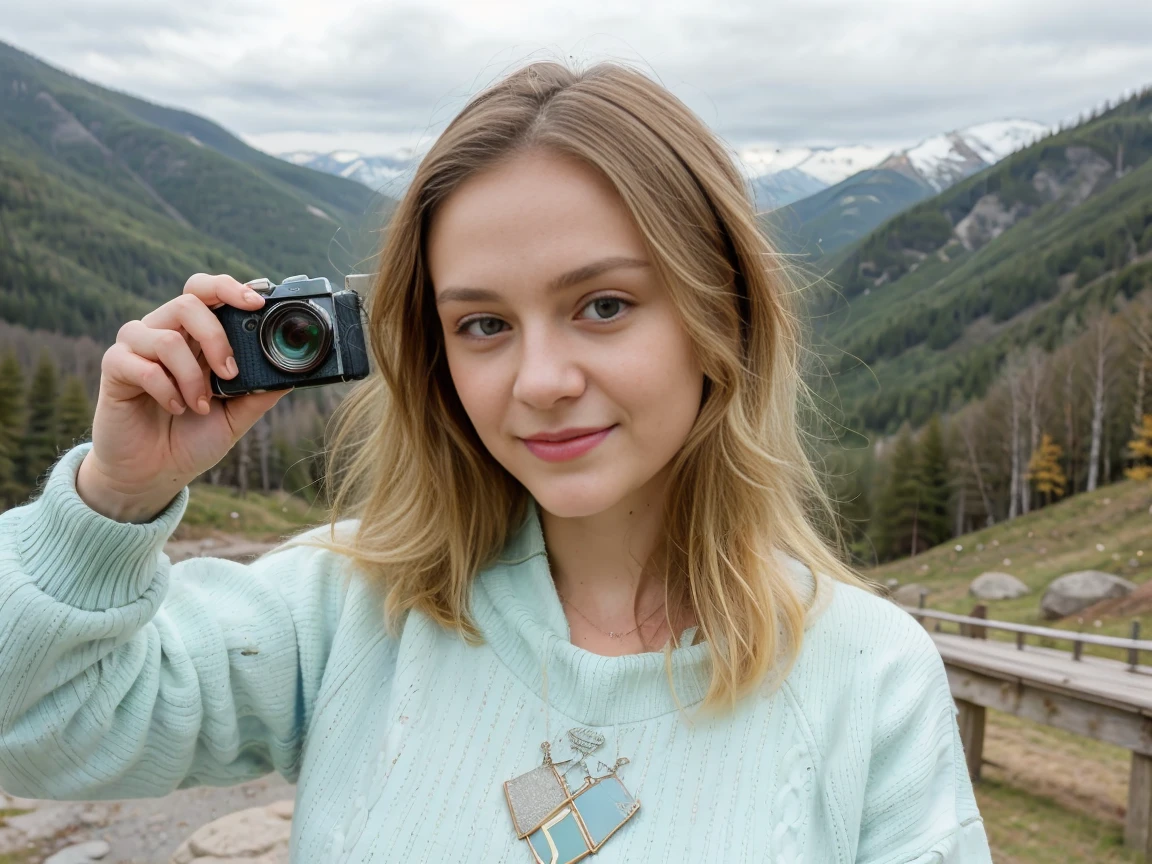 (best quality)), ((masterpiece)), (detailed), Beautiful woman, fair-skinned, Ukrainian nationality, selfie photo, upper body only, wearing a sweater, outdoors (day), mountains, real-life nature (happy, joyful), blonde hair, pullover, forest, rocks, weather, wood, in it, tooth, clear sky, analog style, looking at the viewer, skin texture.