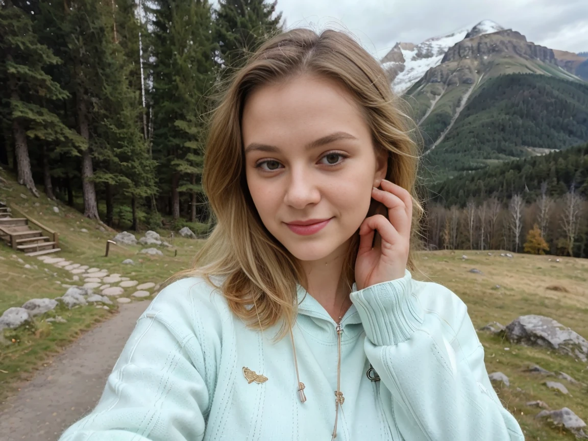 (best quality)), ((masterpiece)), (detailed), Beautiful woman, fair-skinned, Ukrainian nationality, selfie photo, upper body only, wearing a sweater, outdoors (day), mountains, real-life nature (happy, joyful), blonde hair, pullover, forest, rocks, weather, wood, in it, tooth, clear sky, analog style, looking at the viewer, skin texture.