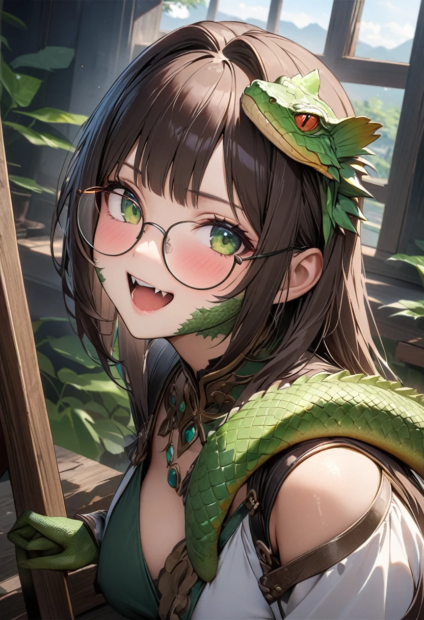 ((Highest quality、unity 8k wallpaper、32K、masterpiece、Very detailed、Ultra-high resolution、Ultra-high resolution、 Very detailedな顔, RAW Photos, Professional, Ultra-fine painting, Fine metal texture, Genuine)) tearju lunatique morphing into lizardwomen, Glasses, green eyes, long hair, hair intakes, bangs、Long, lizard-like face, Fanged Mouth、Scaly Face、Long tail、Scales on cheeks, Inserting one&#39;s tail into one&#39;s vagina、