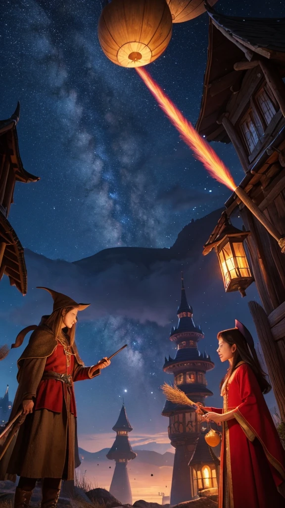 A tale of wizards and animals Home Red clothes broom Night Sky Castle village