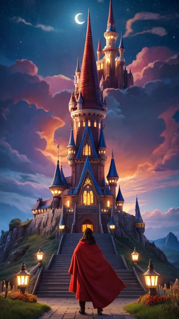 A tale of wizards and animals Home Red clothes broom Night Sky Castle village