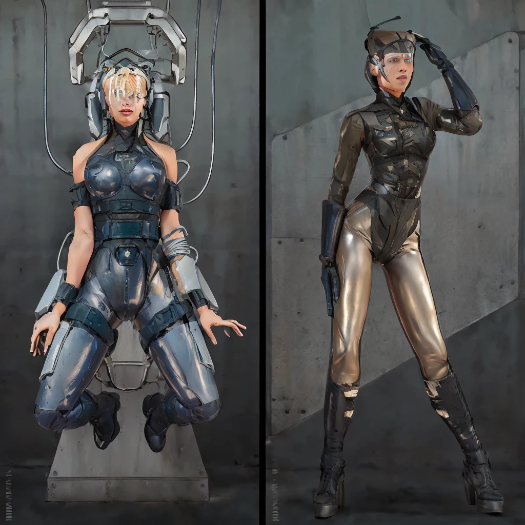 there are two pictures of a Аhsoka in a uniform and a Аhsoka in a suit, metal gear solid art style, metal gear solid style, metal gear solid inspired, inspired by Masamune Shirow, metal gear solid anime cyberpunk, video game fanart, from metal gear, metal gear style, commission for high res, cyberpunk Аhsoka , metal gear solid concept art