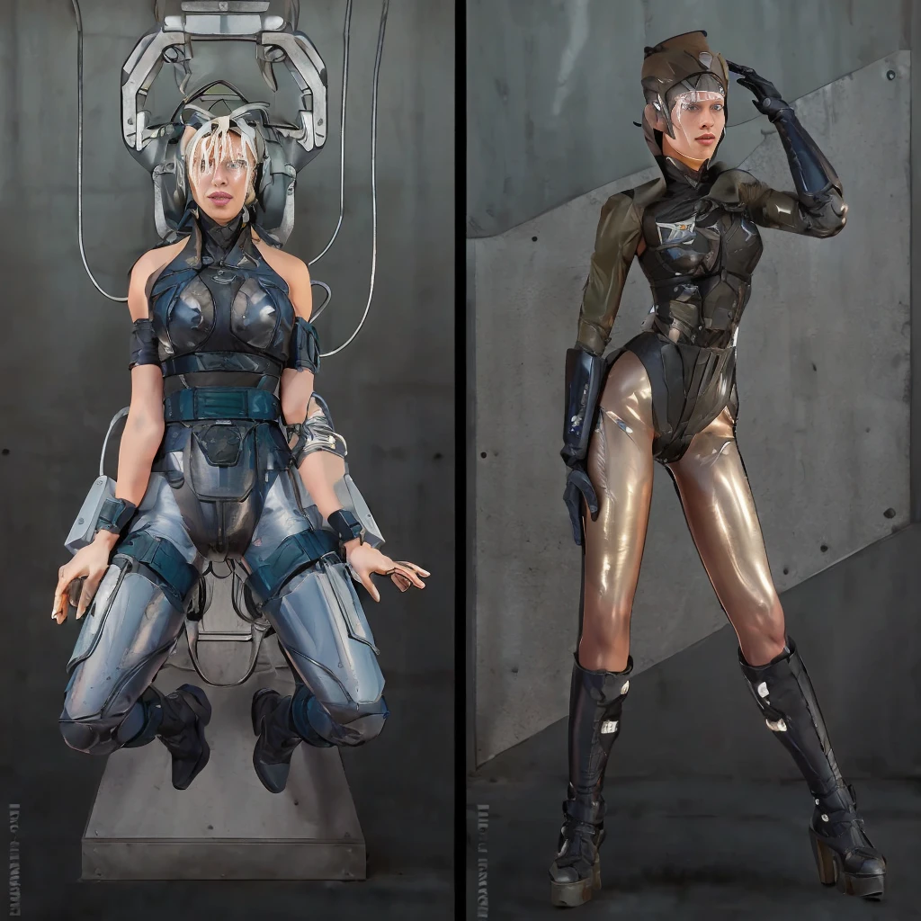 there are two pictures of a Аhsoka in a uniform and a Аhsoka in a suit, metal gear solid art style, metal gear solid style, metal gear solid inspired, inspired by Masamune Shirow, metal gear solid anime cyberpunk, video game fanart, from metal gear, metal gear style, commission for high res, cyberpunk Аhsoka , metal gear solid concept art