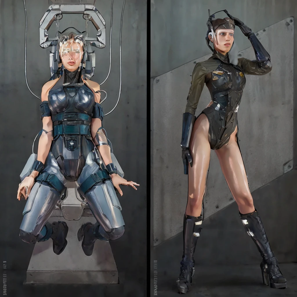 there are two pictures of a Аhsoka in a uniform and a Аhsoka in a suit, metal gear solid art style, metal gear solid style, metal gear solid inspired, inspired by Masamune Shirow, metal gear solid anime cyberpunk, video game fanart, from metal gear, metal gear style, commission for high res, cyberpunk Аhsoka , metal gear solid concept art