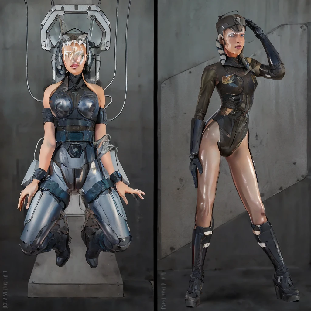 there are two pictures of a Аhsoka in a uniform and a Аhsoka in a suit, metal gear solid art style, metal gear solid style, metal gear solid inspired, inspired by Masamune Shirow, metal gear solid anime cyberpunk, video game fanart, from metal gear, metal gear style, commission for high res, cyberpunk Аhsoka , metal gear solid concept art