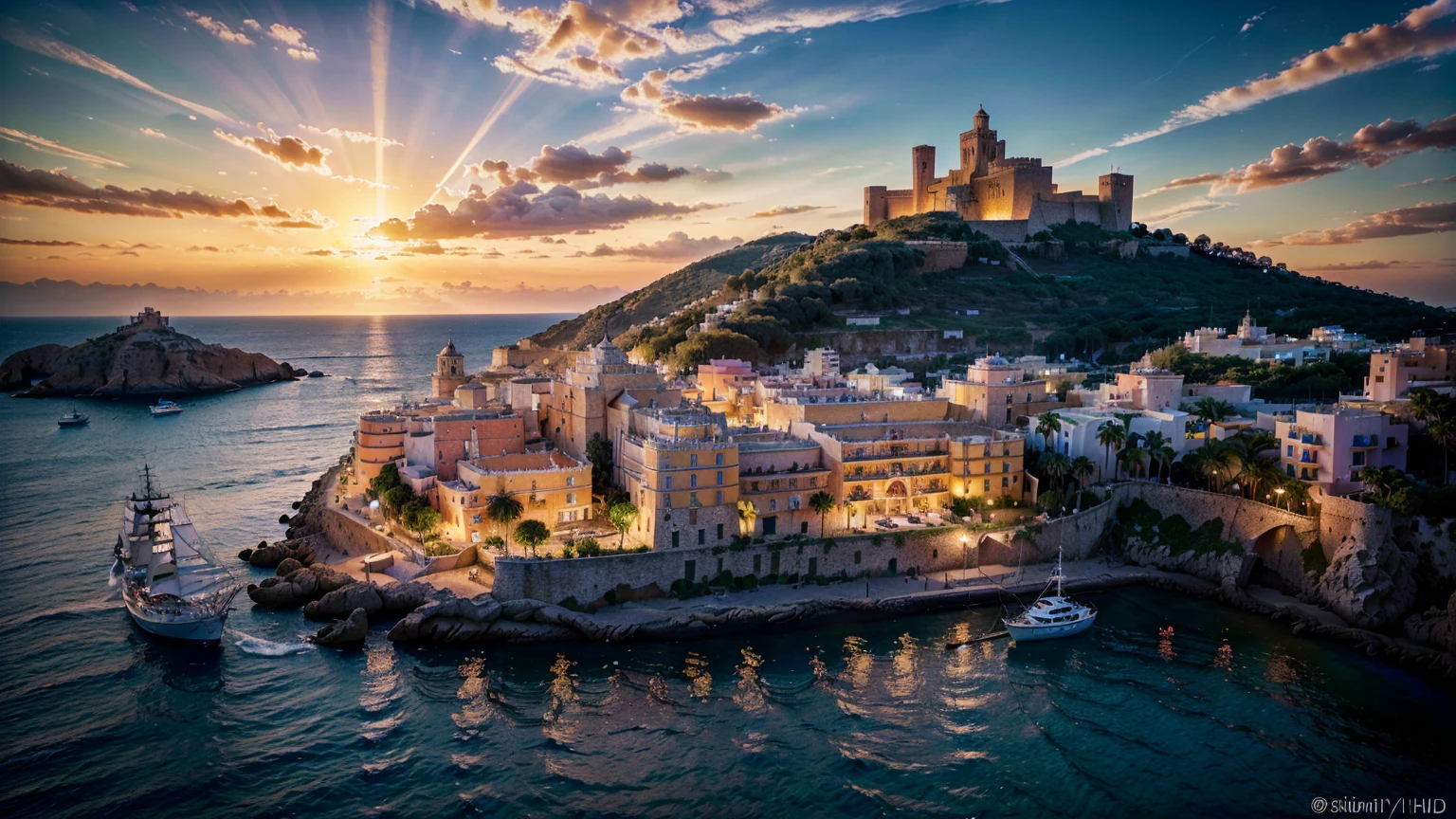 (ultra-high definition, hyper-realistic, highly detailed, high quality, sharp focus, professional lighting, vivid colors, intricate details), (Castell de Eivissa in Ibiza, Spain, background with water, yachts, boats, detailed architecture, people, vibrant atmosphere), (best quality,4k,8k,16k,Highest,masterpiece:1.2),(realistic,photorealistic,photo-realistic:1.37), (extremely detailed CG unit, 16k wallpaper), 16k UHD, 16k HDR, Fujifilm XT3 sharp focus, professional lighting, vivid colors, intricate details, film grain, Fujifilm XT3 realistic painting art, f5.6, physically-based rendering, natural lighting, cinematic lighting ,dramatic lighting, professional, dynamic movement, colorful lighting, vibrant colors, studio lighting, professional photography, cinematic composition, symmetrical framing, landscape,