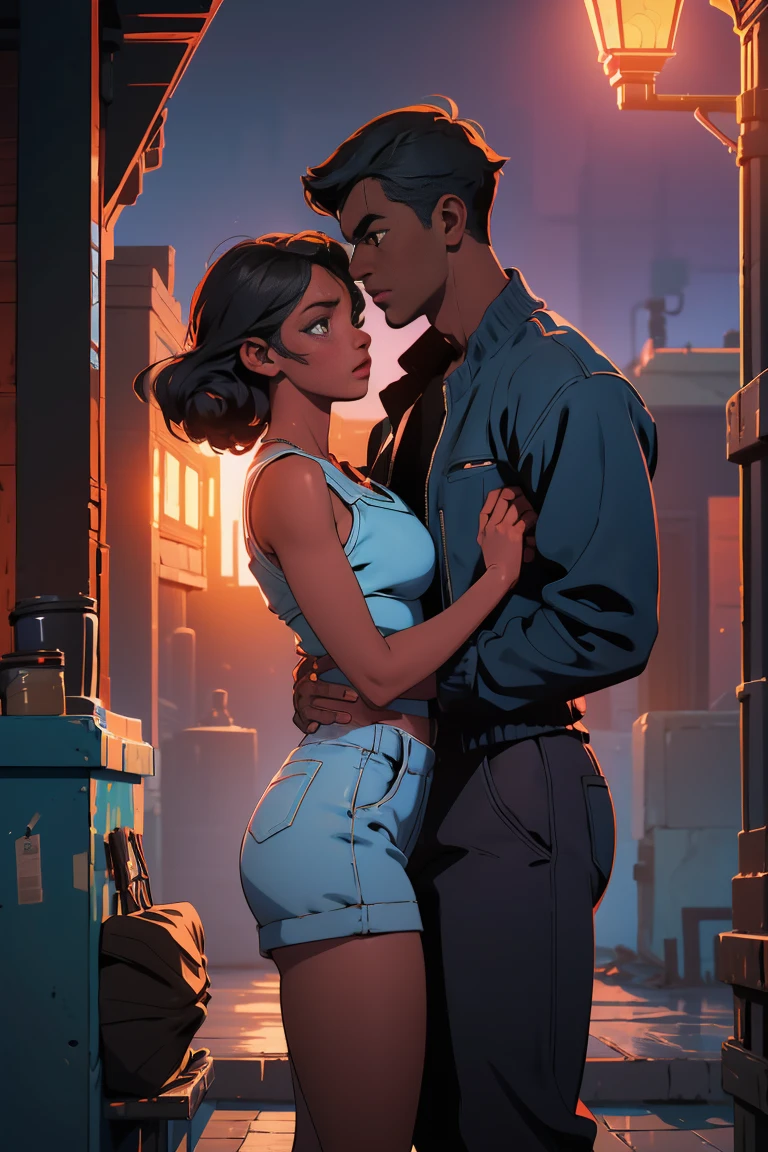 a young dark-skinned woman and man, romantic couple, street fashion, sunset scenery, intimate embrace, sensual poses, dramatic lighting, moody colors, photorealistic, ultra-detailed, 8k, award-winning digital art