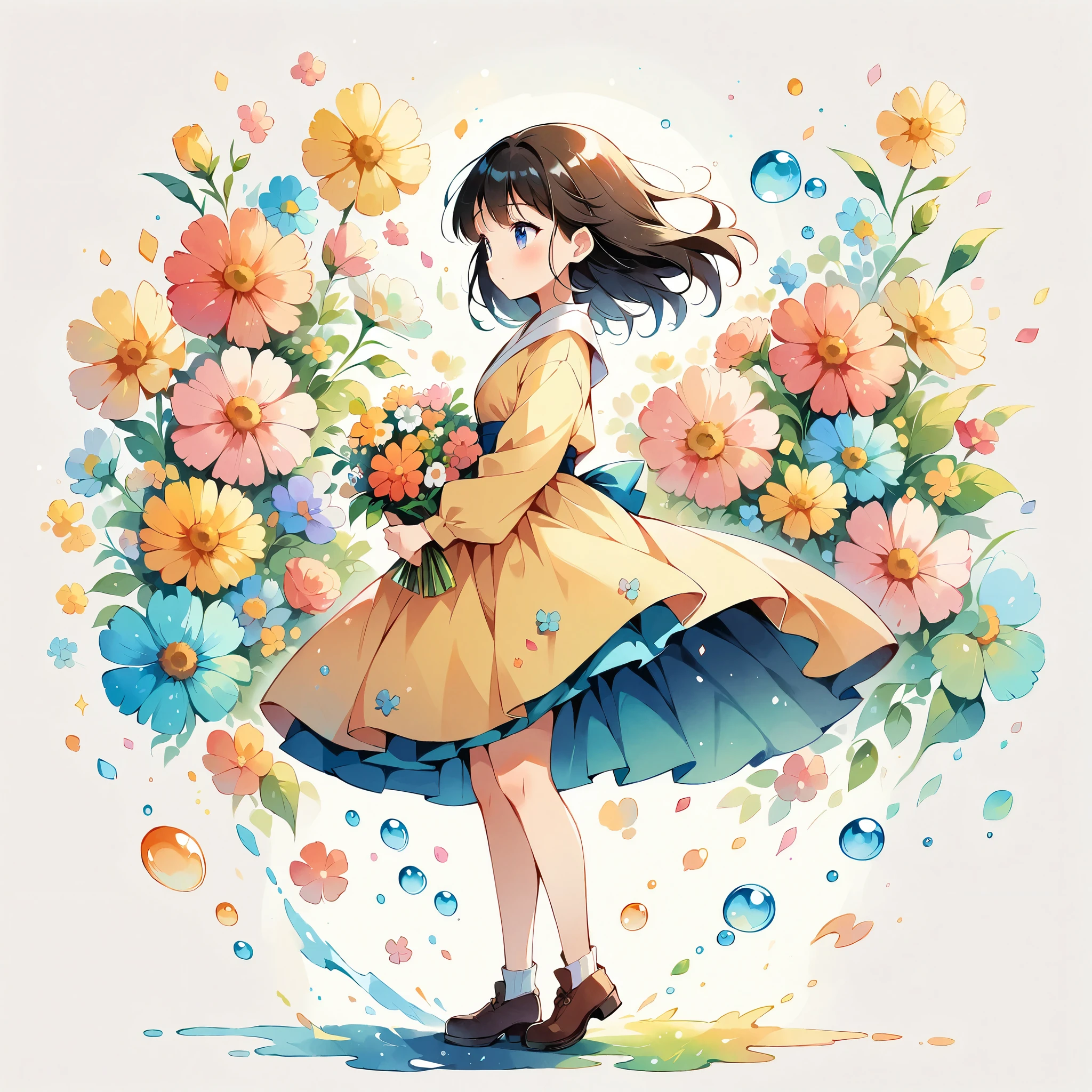 (Anime Style:1.2, masterpiece:1.2),(((1 girl))),((Little, Full body view))), Girl wearing flowers, Watercolor, Simple illustration, Flower storm, Colorful Water Bubbles,