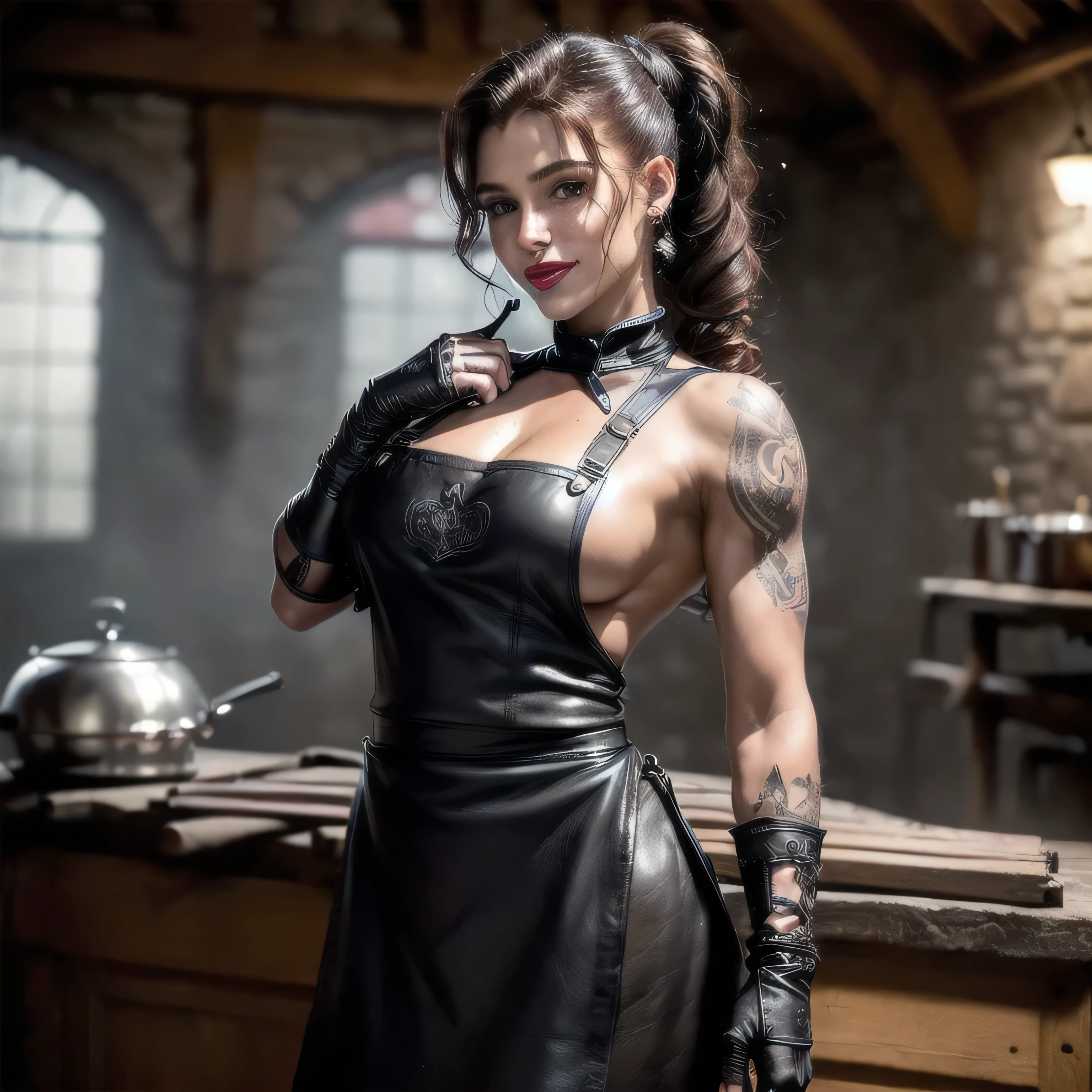 ((masterpiece, extremely intricate:1.3, photorealistic:1.4)), ((photon mapping, radiosity, physically based rendering, ultra resolution, hyper-realistic, 8K, film grain, sharp focus, dramatic, award winning, cinematic, dtx)), 1girl solo muscular bodybuilder female, 19 years old, (((((([flat chest:small breasts:0.8])), long curly ponytail [dark hair:bright ginger hair:0.7], portrait), solo female, moist humid glistening, humid, smiling red lips, nineteen, supermodel))), metal reflections, indoors, professional photograph, sharp focus, dramatic, award winning, ((bokeh, interaction)), ((standing at a medieval forge, forging hot weapon)), (([skin detail:freckles:0.7], tattoo:1.2)), fujicolor, BREAK (((black leather work apron, fingerless leather gloves, armband, (sideboob))))
